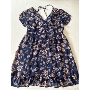 Juniors Floral Bongo Dress Size 3 Navy with Peach Pink Flowers V-neck Slip‎ Tie